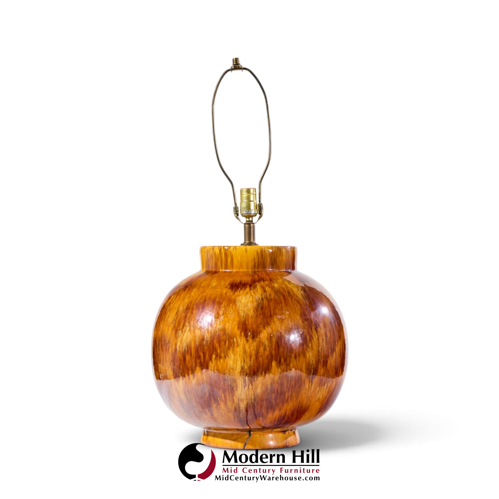 mid century orange drip glaze table lamp - pair