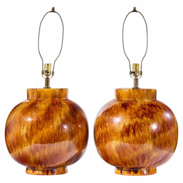 mid century orange drip glaze table lamp - pair