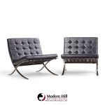 mies van der rohe for knoll mid century black leather barcelona chairs - pair