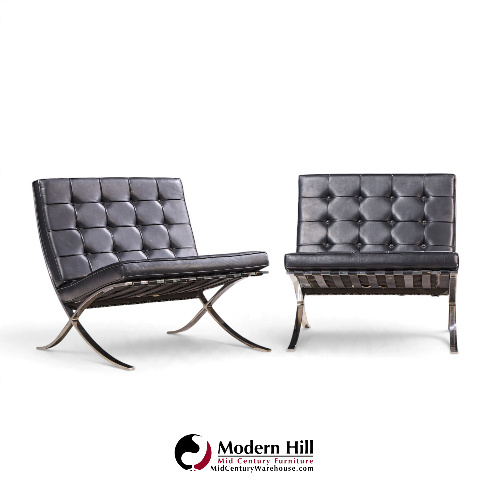 mies van der rohe for knoll mid century black leather barcelona chairs - pair