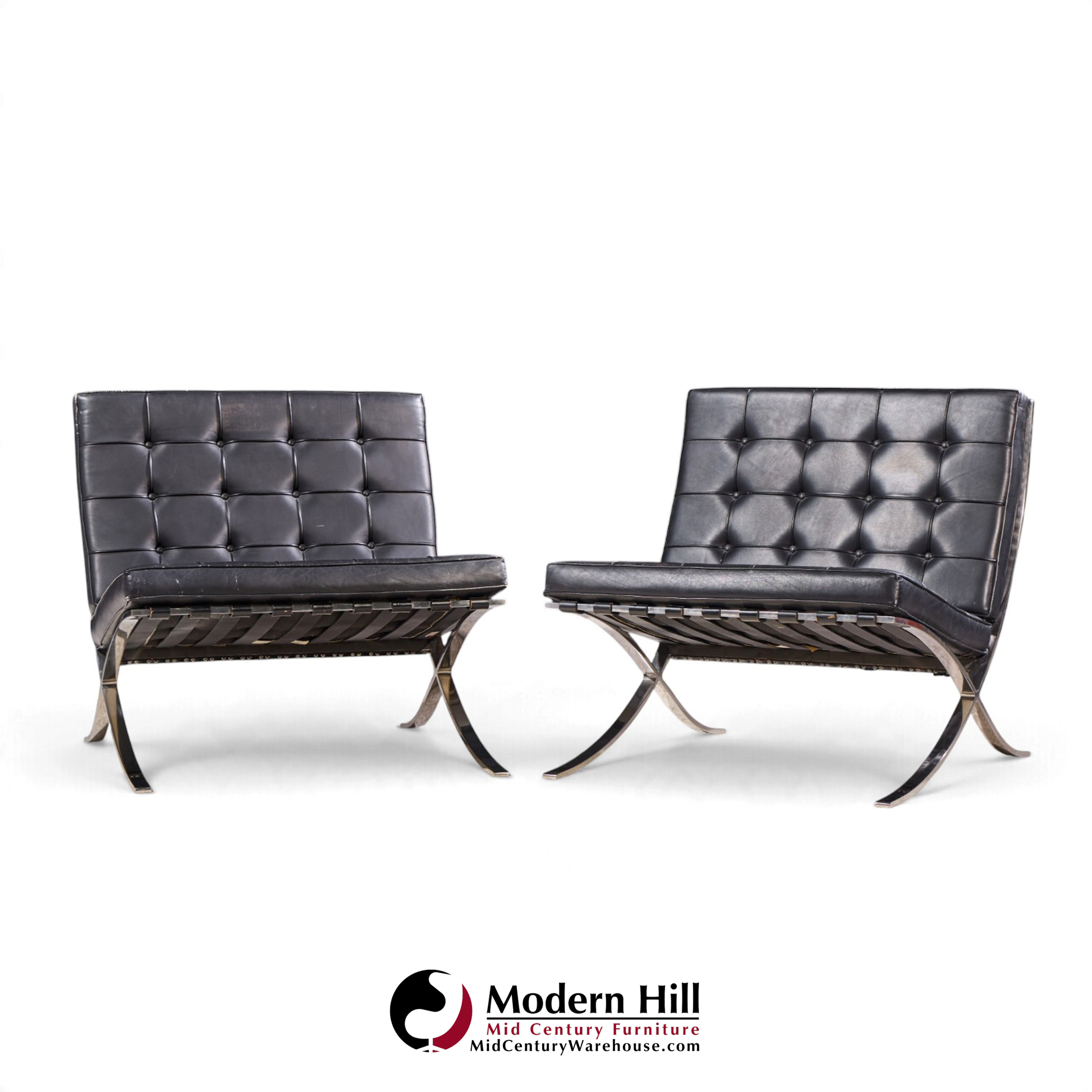 mies van der rohe for knoll mid century black leather barcelona chairs - pair