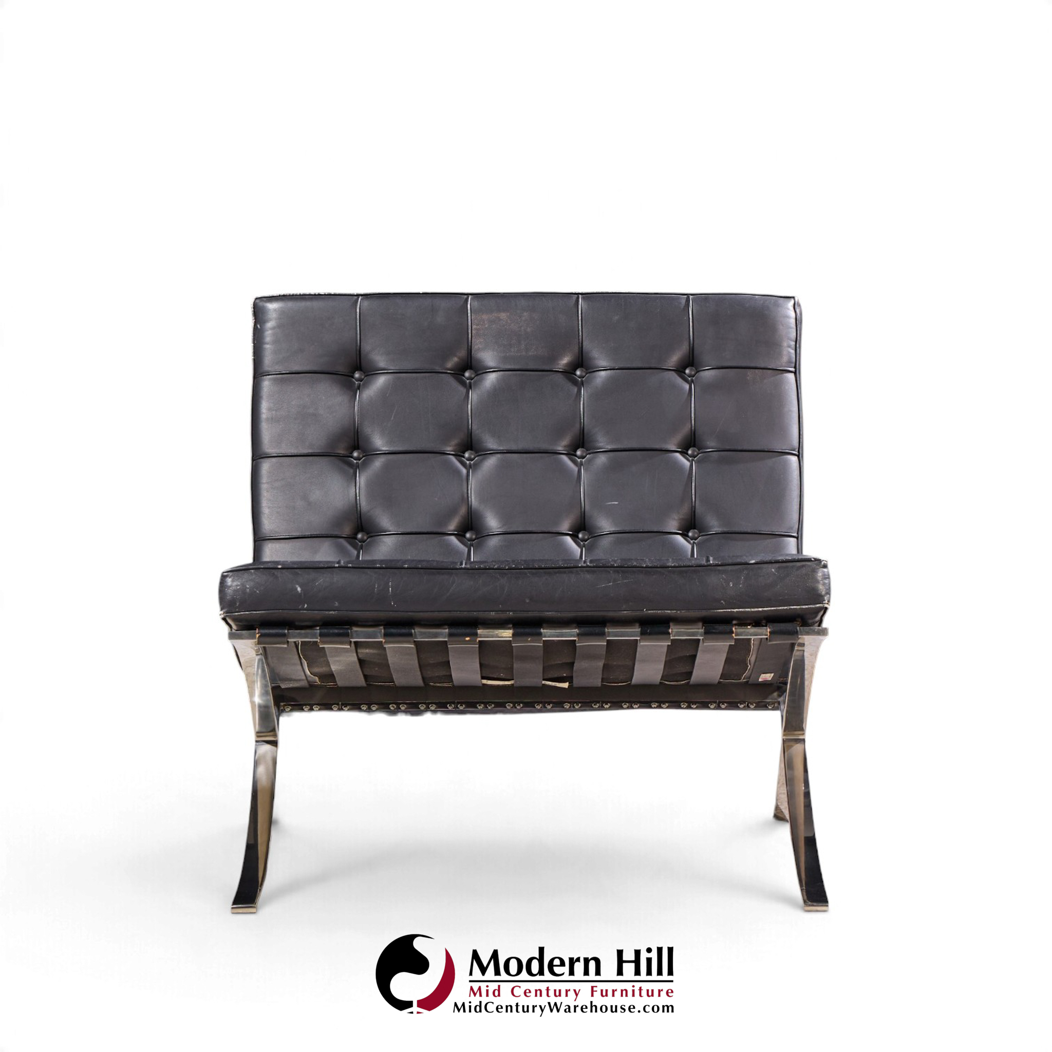 mies van der rohe for knoll mid century black leather barcelona chairs - pair