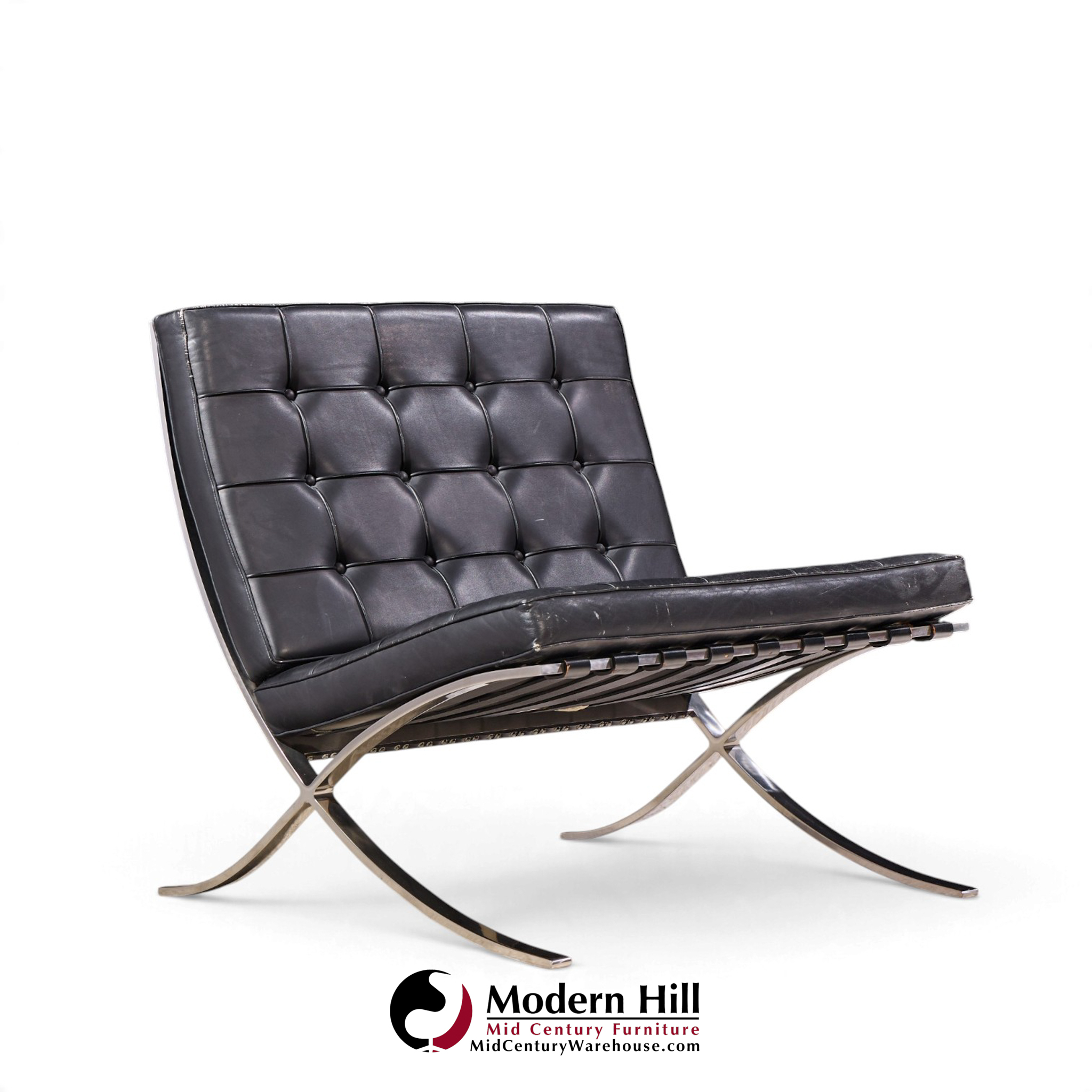 mies van der rohe for knoll mid century black leather barcelona chairs - pair