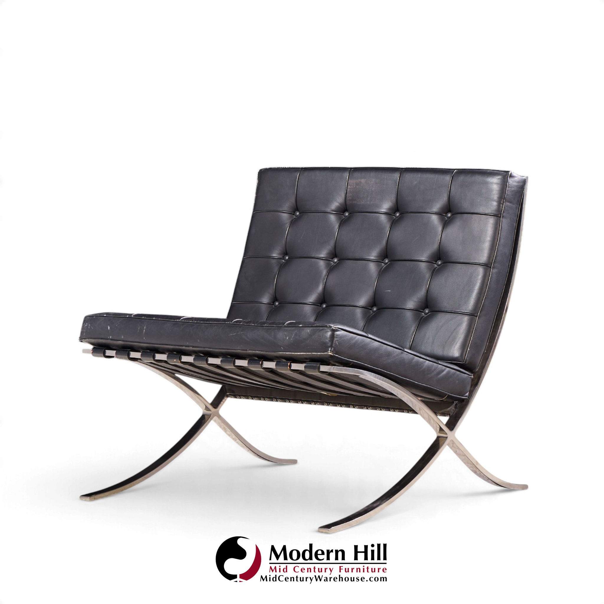 mies van der rohe for knoll mid century black leather barcelona chairs - pair