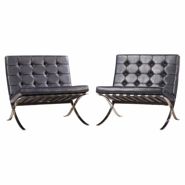 mies van der rohe for knoll mid century black leather barcelona chairs - pair