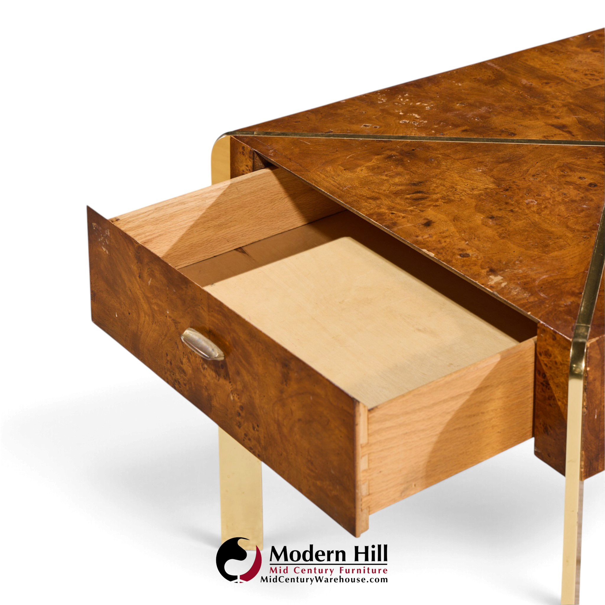 milo baughman style hekman mid century burlwood and brass side end table