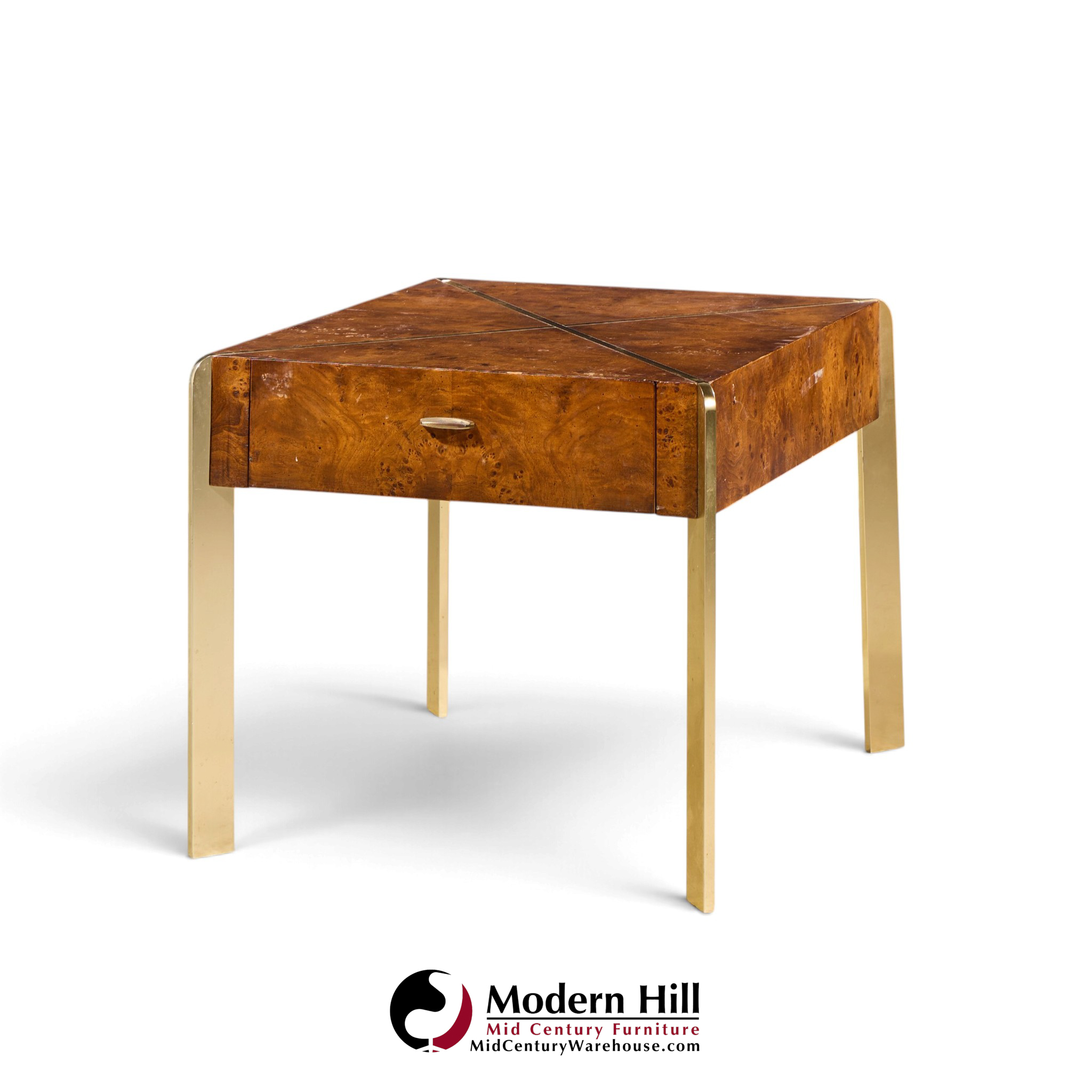milo baughman style hekman mid century burlwood and brass side end table