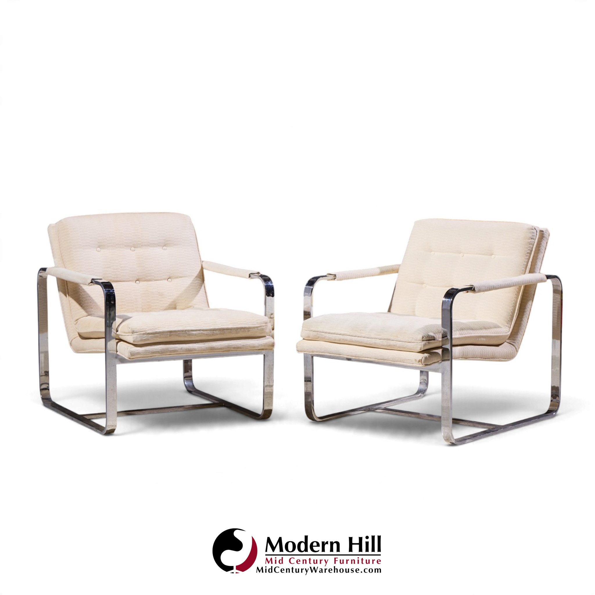 milo baughman style mid century chrome lounge chairs - pair