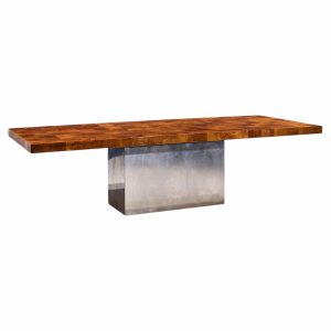 milo baughman for thayer coggin mid century burlwood and chrome dining table with 2 leaves