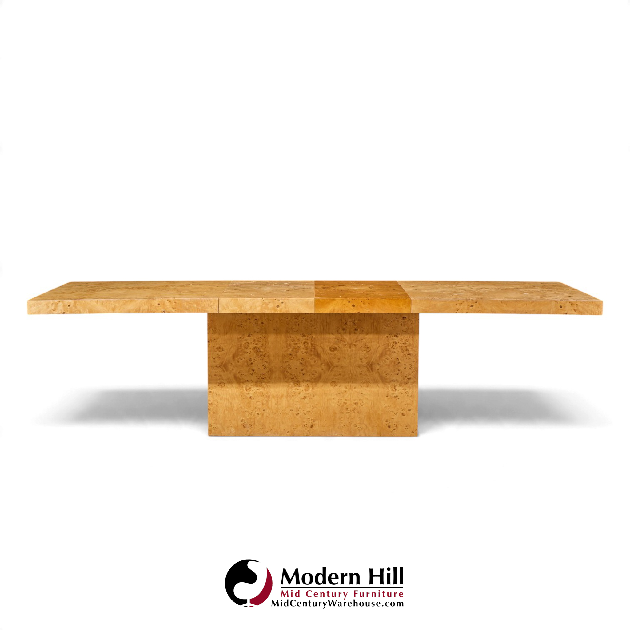 milo baughman for thayer coggin mid century burlwood expanding dining table with 2 leaves