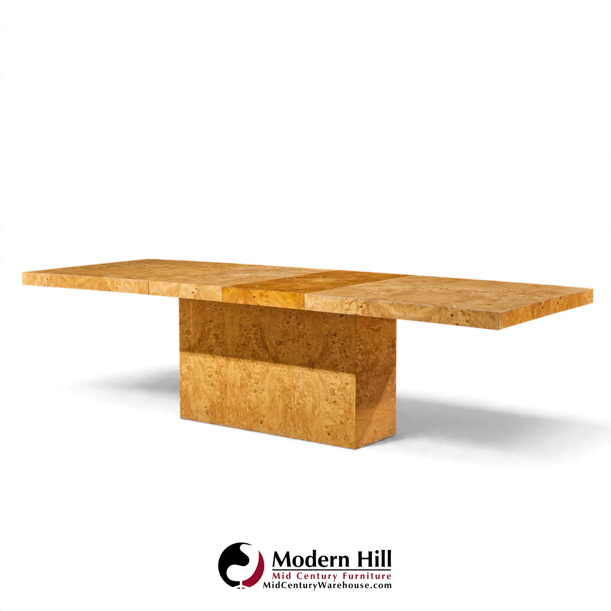 milo baughman for thayer coggin mid century burlwood expanding dining table with 2 leaves