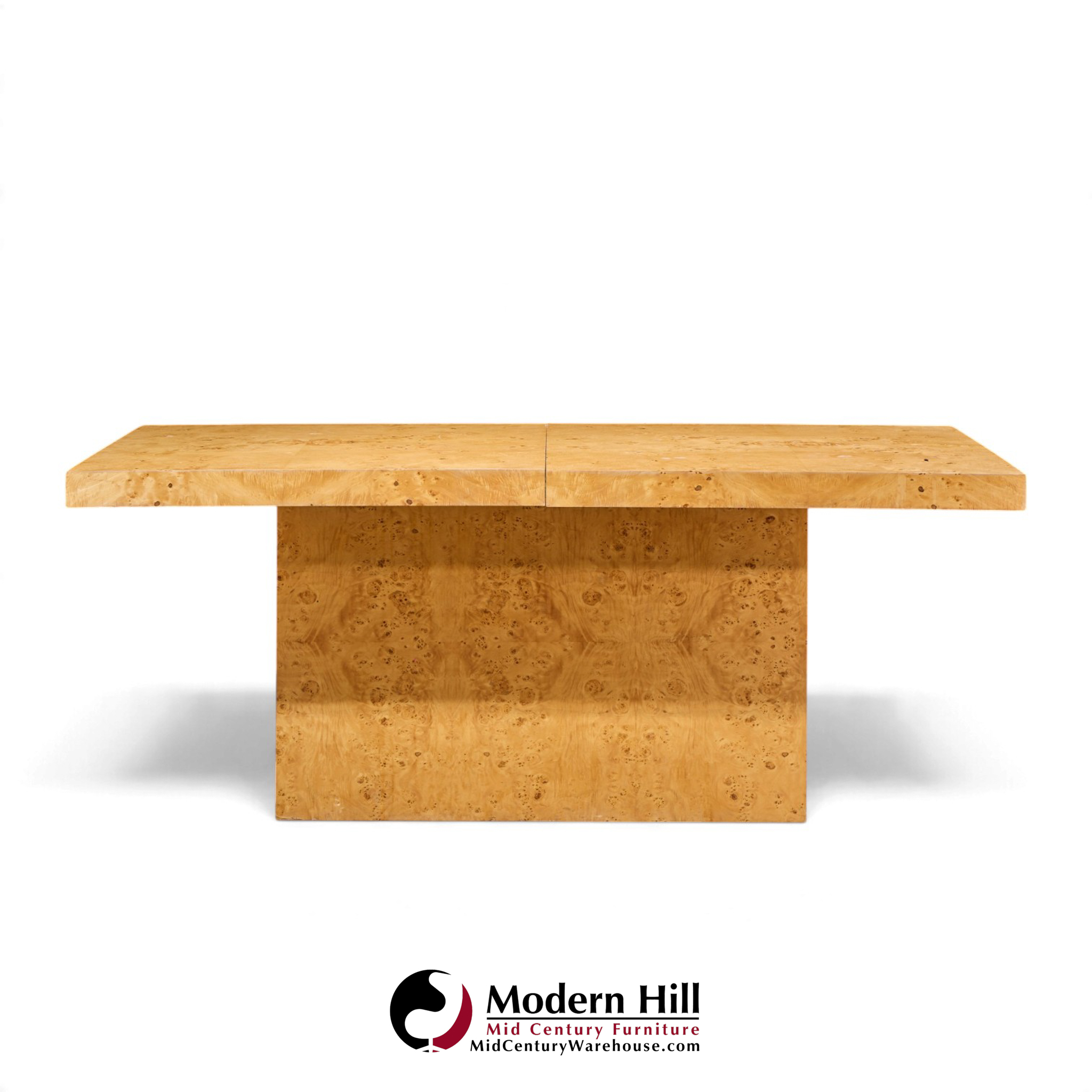 milo baughman for thayer coggin mid century burlwood expanding dining table with 2 leaves