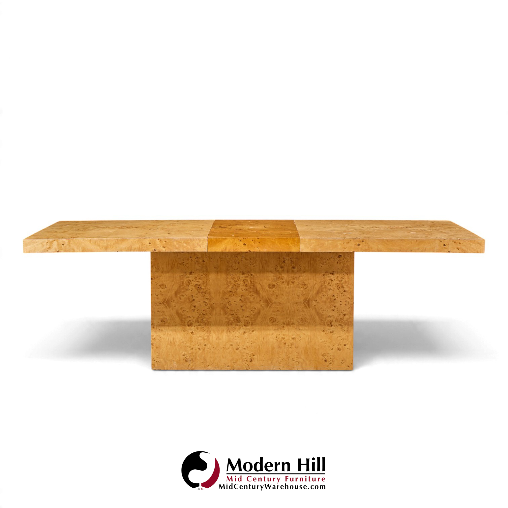 milo baughman for thayer coggin mid century burlwood expanding dining table with 2 leaves