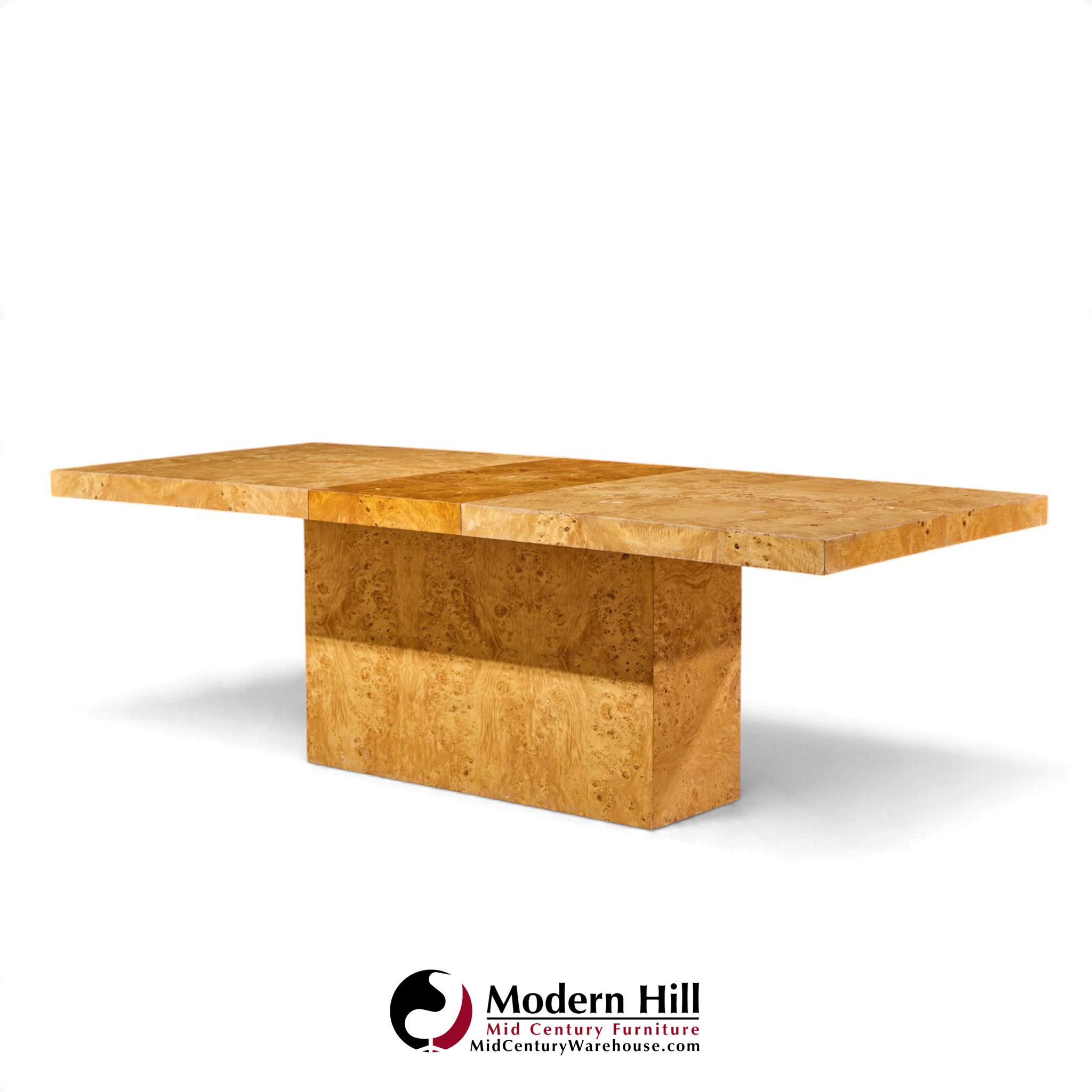milo baughman for thayer coggin mid century burlwood expanding dining table with 2 leaves