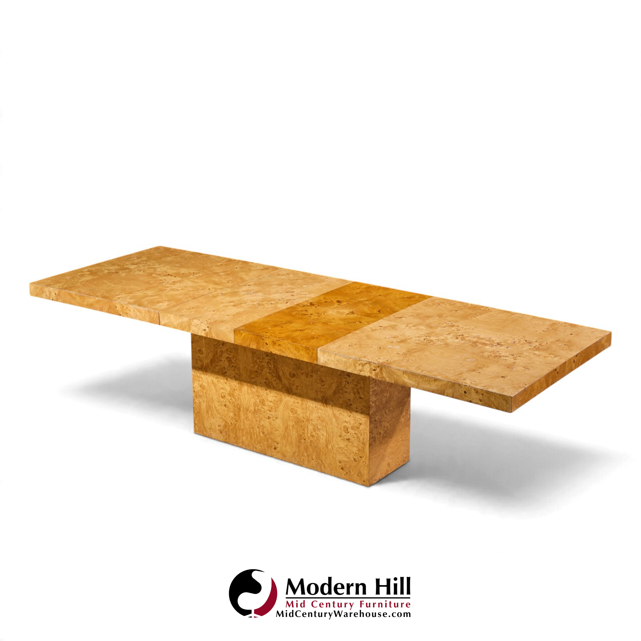 milo baughman for thayer coggin mid century burlwood expanding dining table with 2 leaves