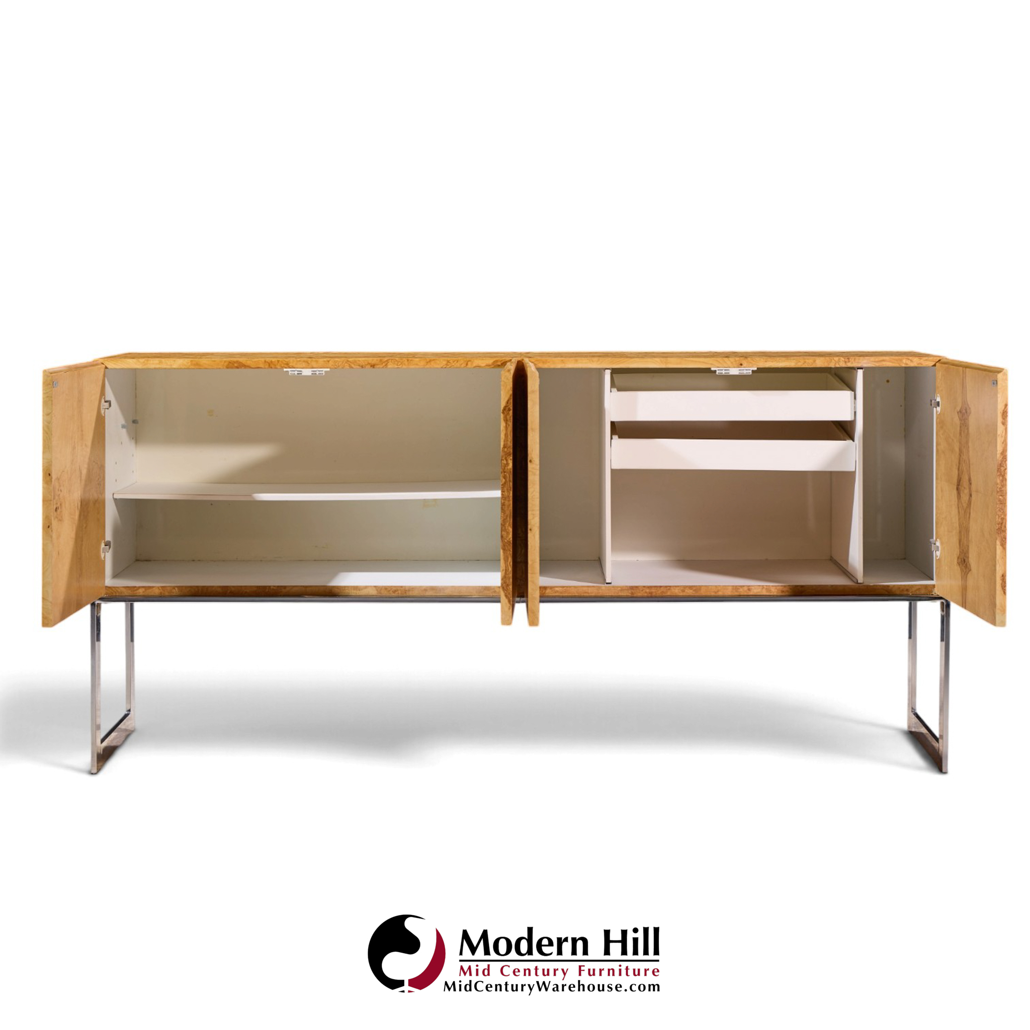 milo baughman for thayer coggin mid century burlwood and chrome credenza