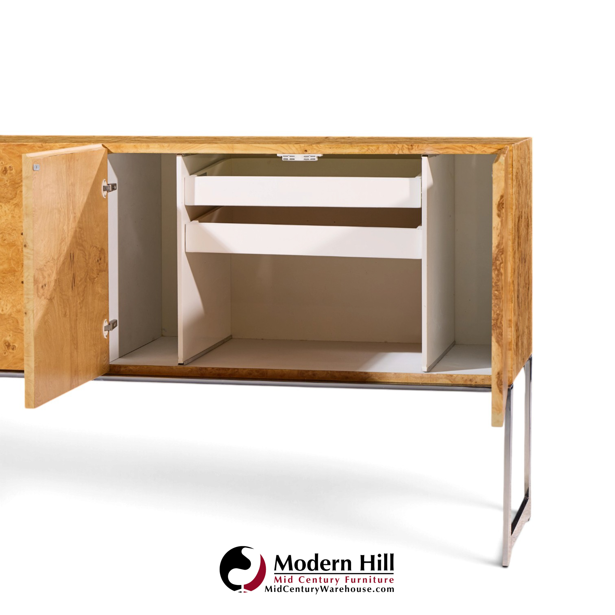 milo baughman for thayer coggin mid century burlwood and chrome credenza