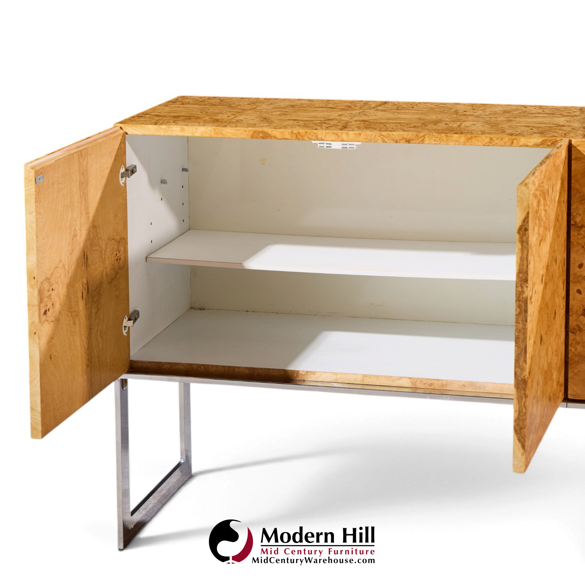 milo baughman for thayer coggin mid century burlwood and chrome credenza