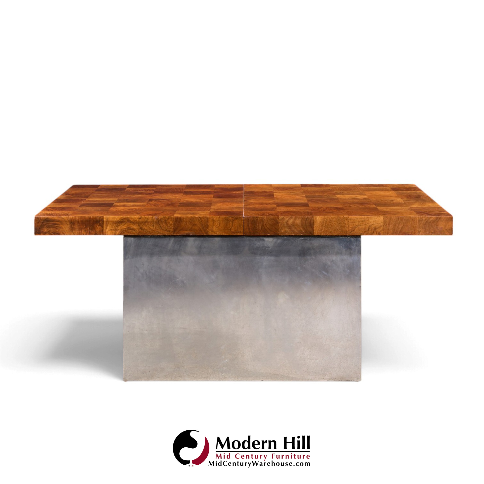 milo baughman for thayer coggin mid century burlwood and chrome dining table with 2 leaves