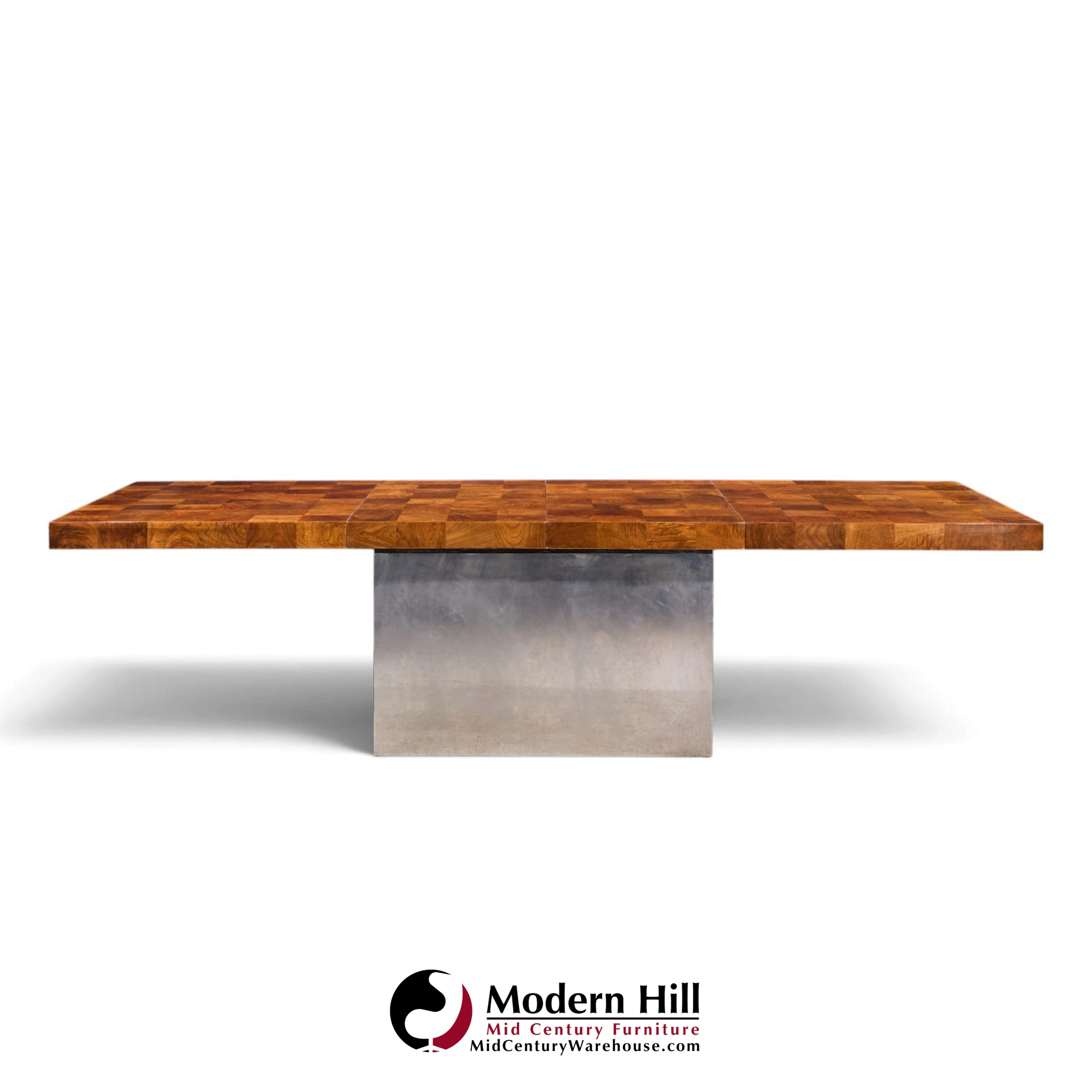 milo baughman for thayer coggin mid century burlwood and chrome dining table with 2 leaves