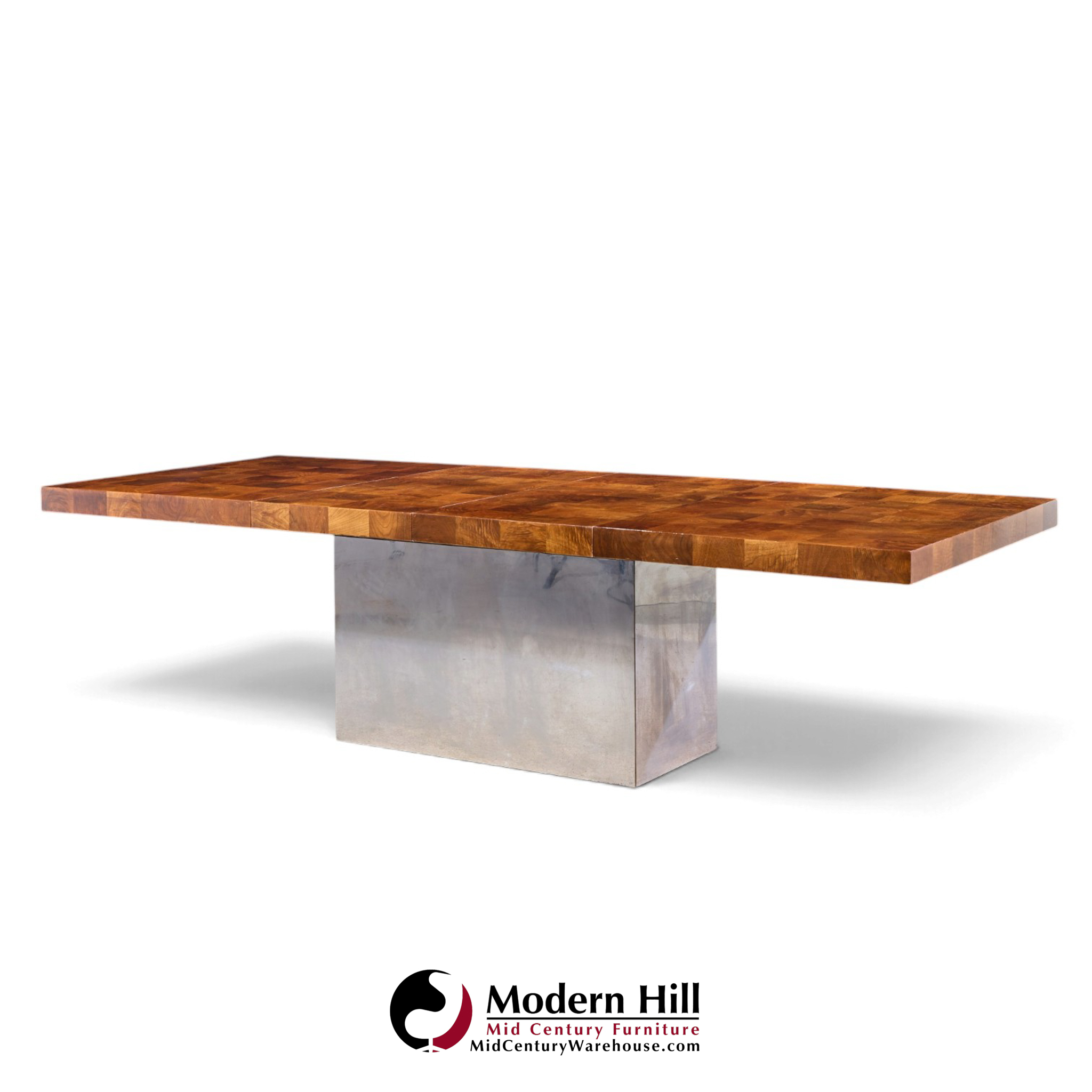 milo baughman for thayer coggin mid century burlwood and chrome dining table with 2 leaves