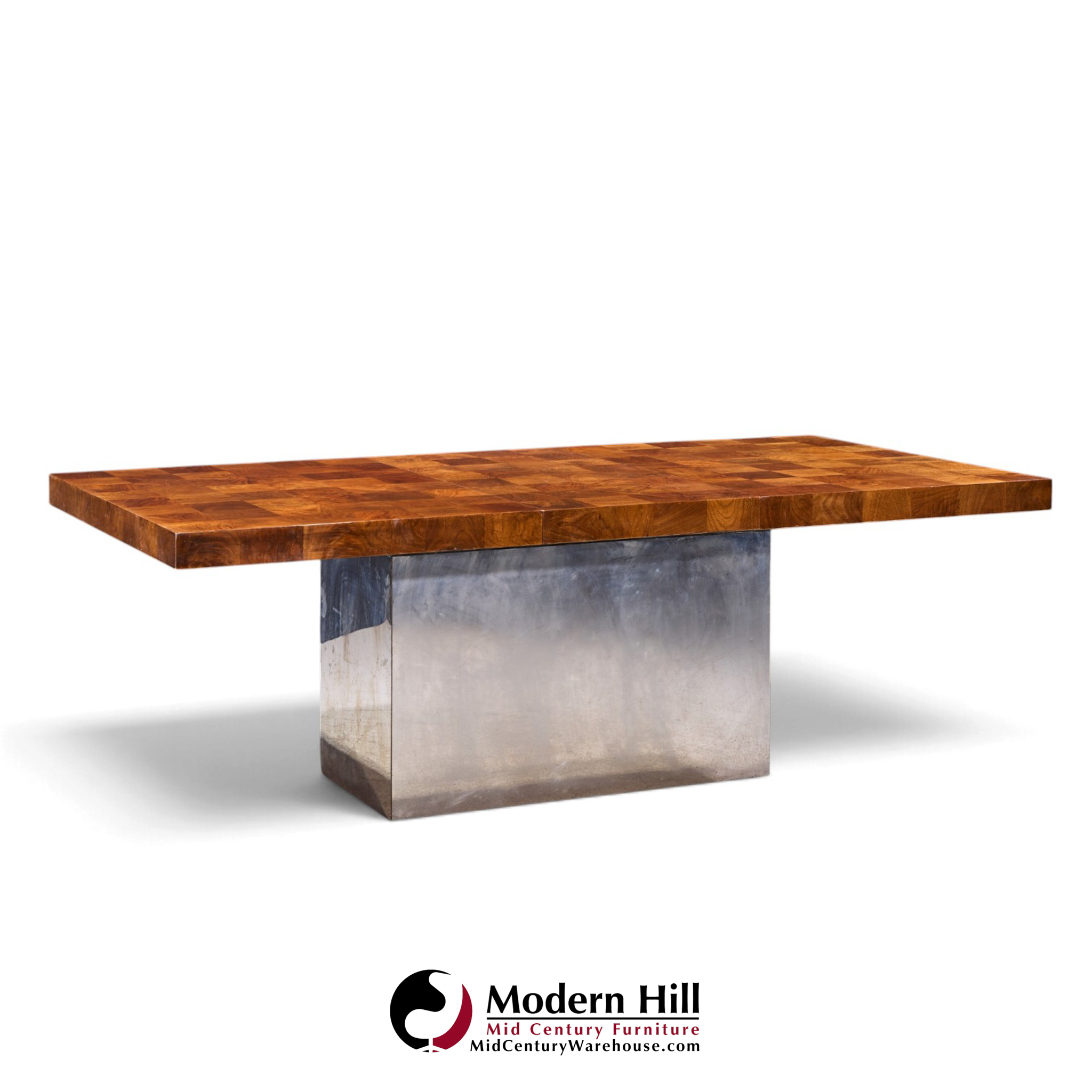 milo baughman for thayer coggin mid century burlwood and chrome dining table with 2 leaves