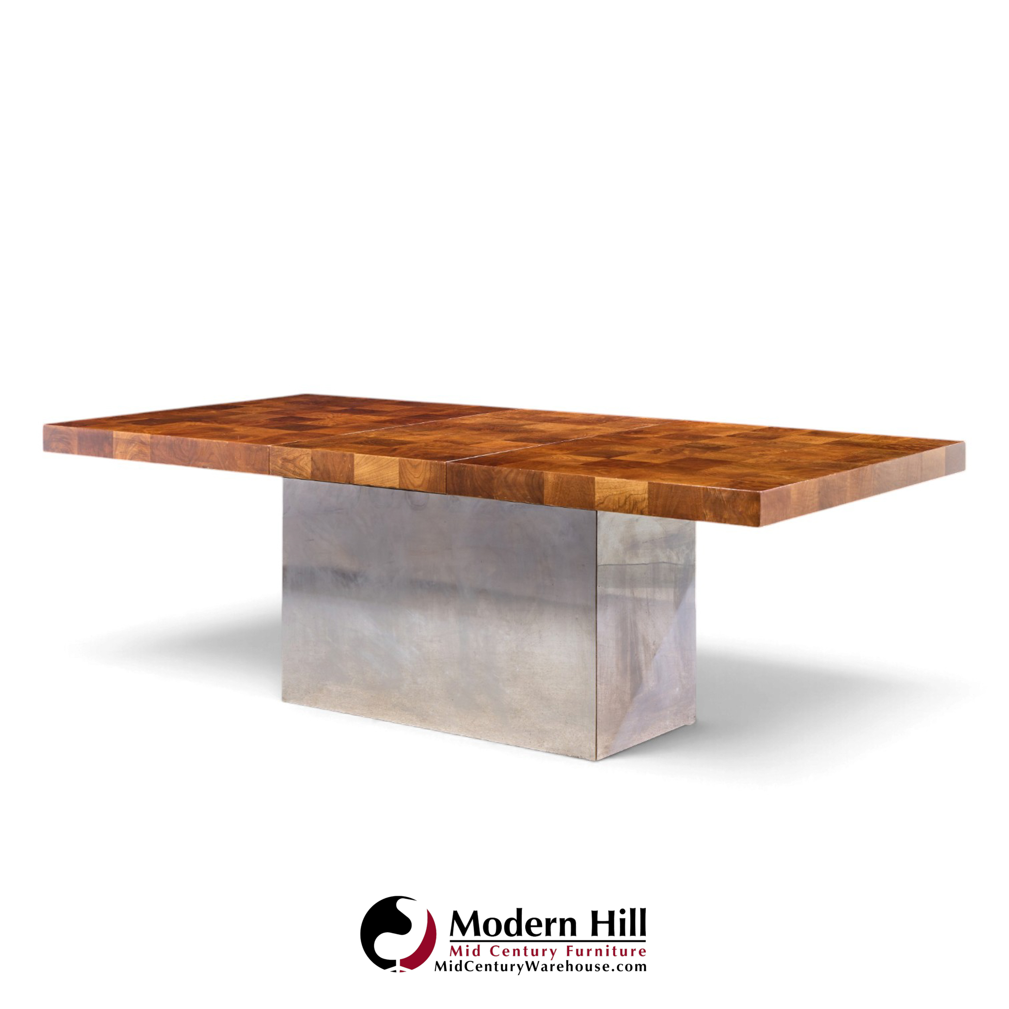 milo baughman for thayer coggin mid century burlwood and chrome dining table with 2 leaves