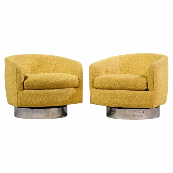 milo baughman for thayer coggin roxy mid century chrome barrel swivel lounge chairs - pair