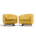milo baughman for thayer coggin roxy mid century chrome barrel swivel lounge chairs - pair