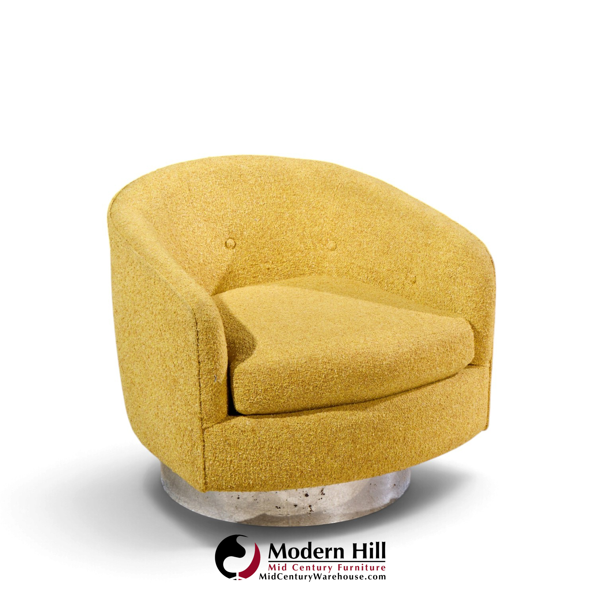 milo baughman for thayer coggin roxy mid century chrome barrel swivel lounge chairs - pair
