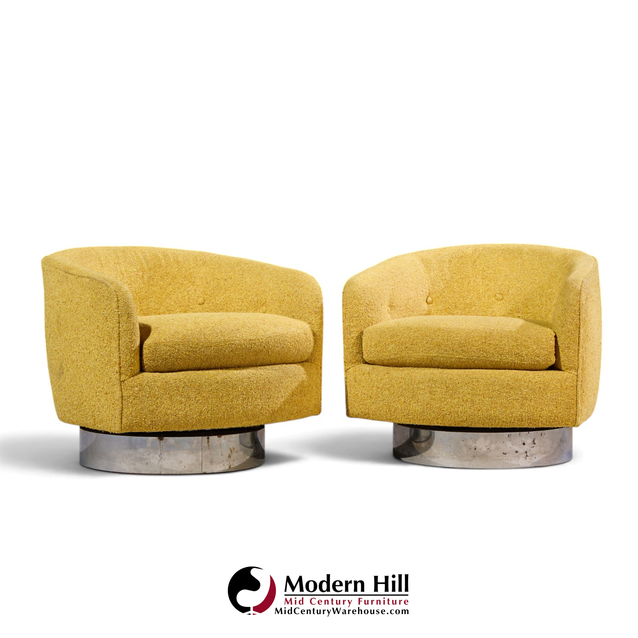 milo baughman for thayer coggin roxy mid century chrome barrel swivel lounge chairs - pair