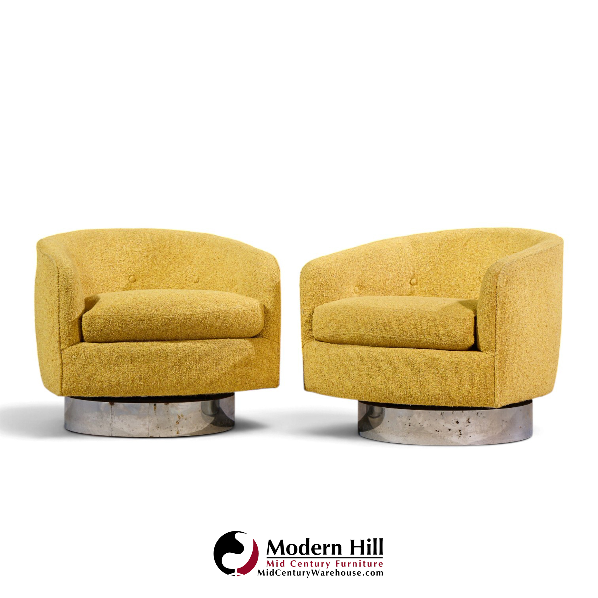 milo baughman for thayer coggin roxy mid century chrome barrel swivel lounge chairs - pair