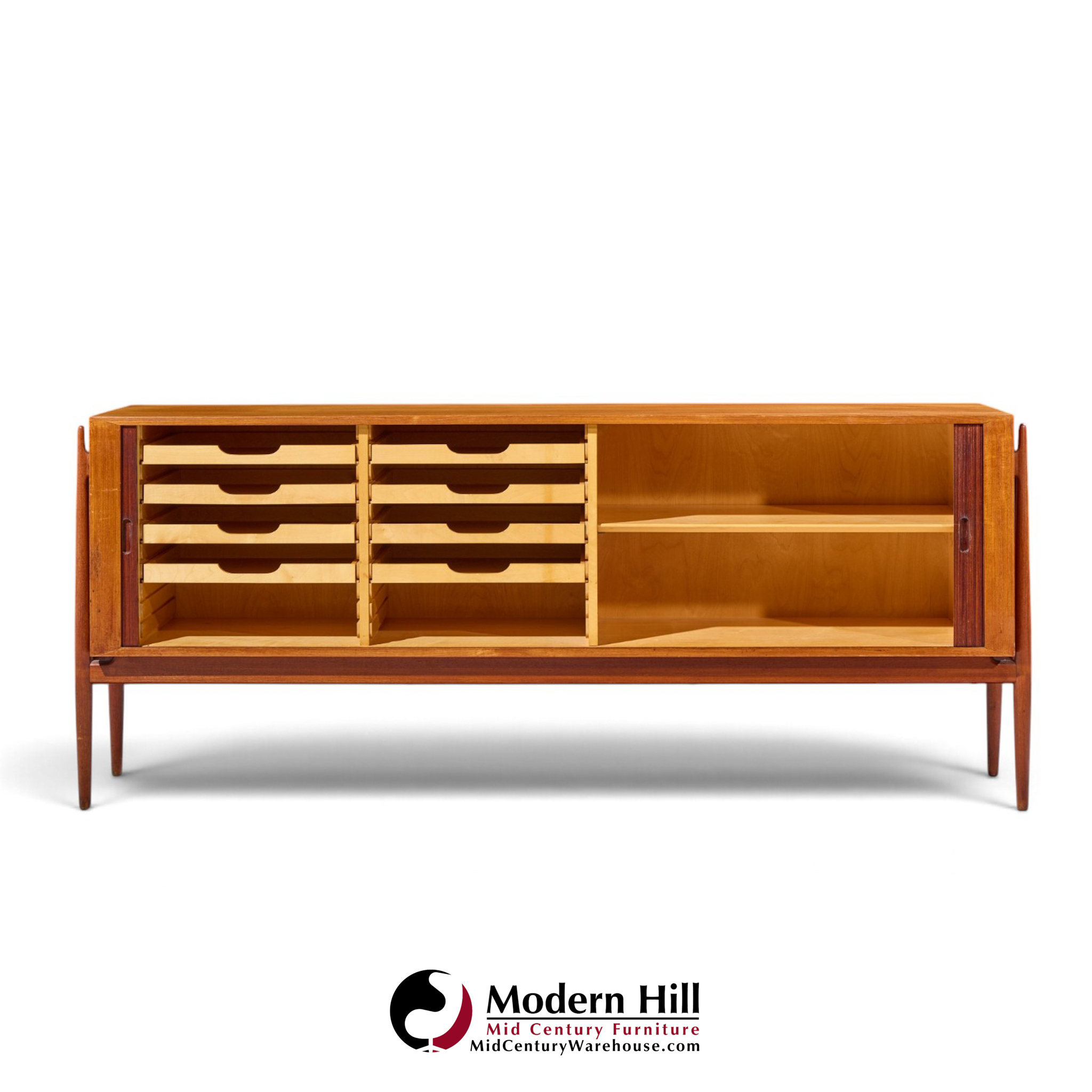 niels vodder nv54 mid century danish teak tambour door credenza