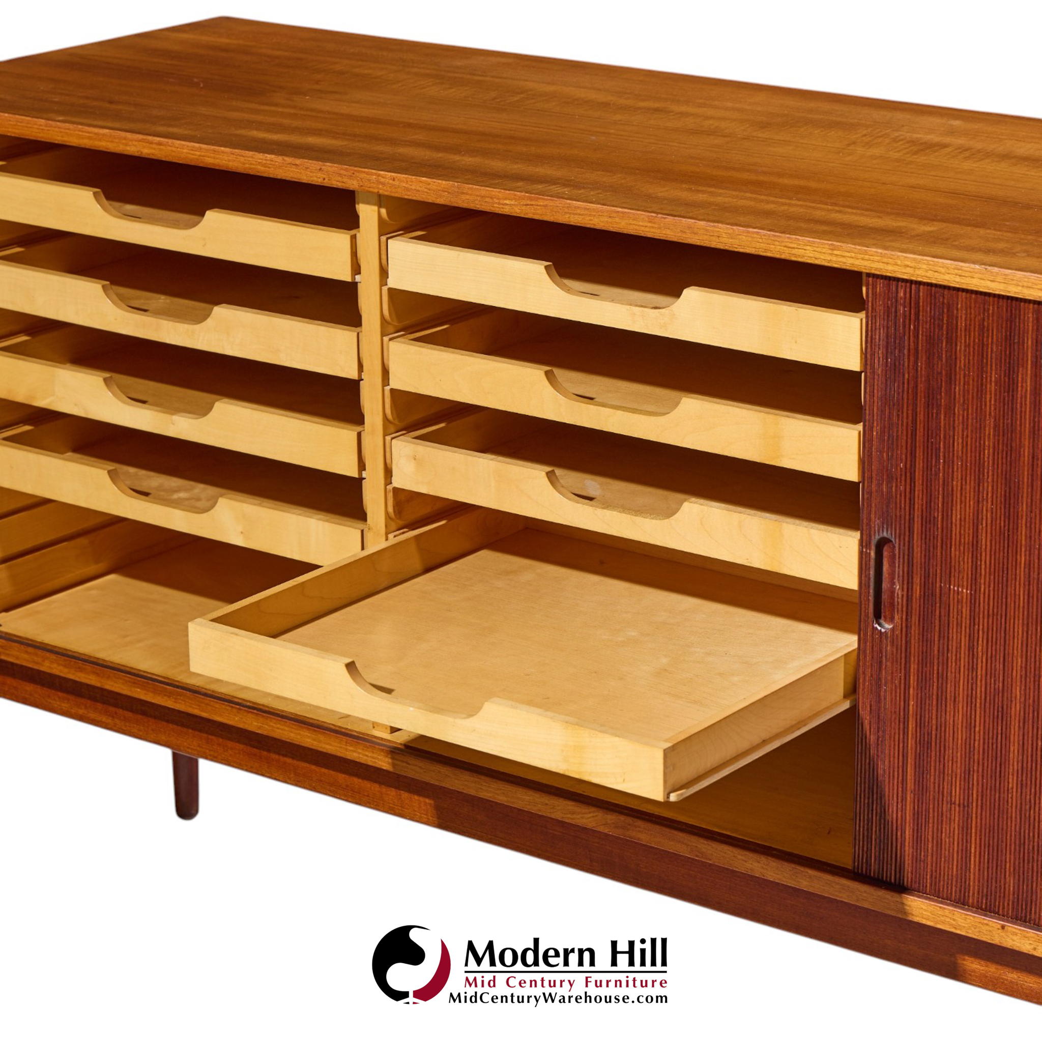 niels vodder nv54 mid century danish teak tambour door credenza