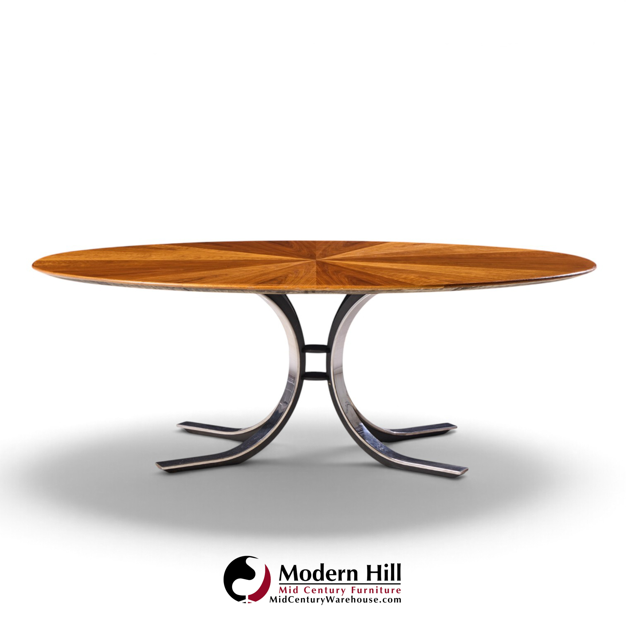 osvaldo borsani for stow & davis mid century starburst walnut and steel oval dining table