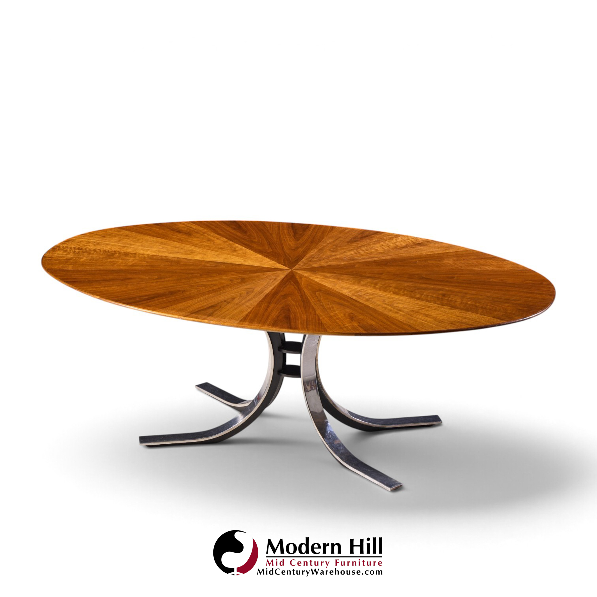 osvaldo borsani for stow & davis mid century starburst walnut and steel oval dining table