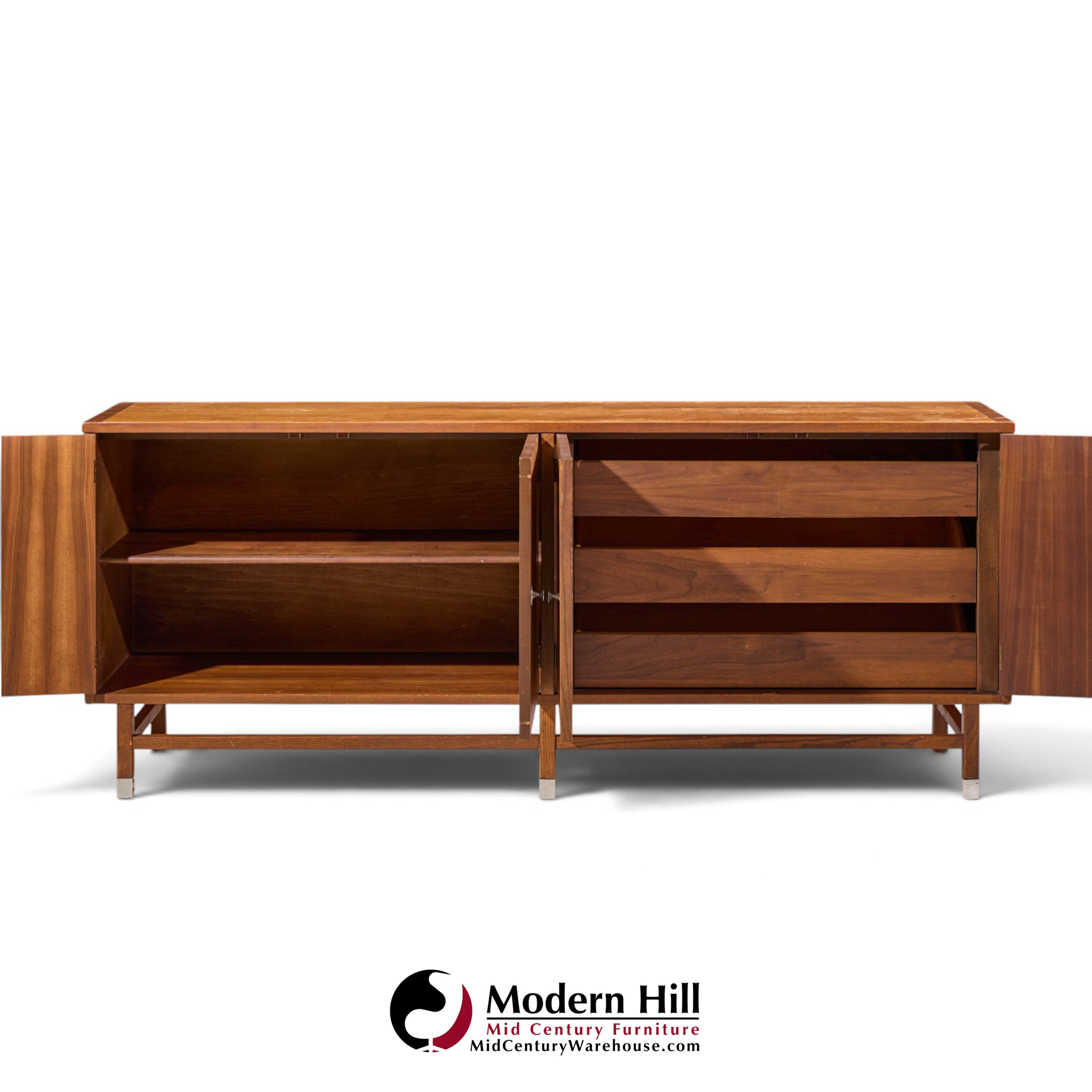 stanley harlequin mid century walnut credenza