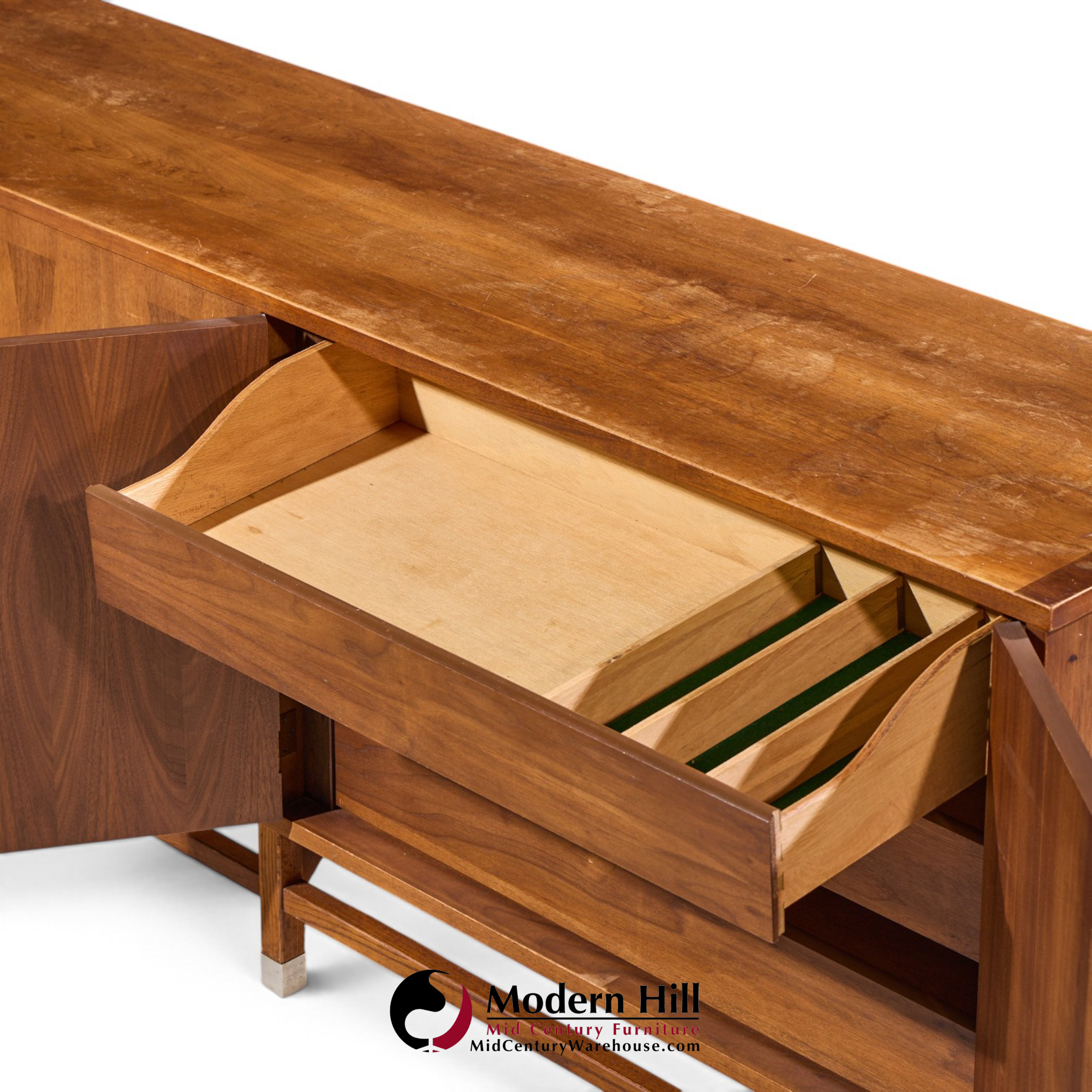 stanley harlequin mid century walnut credenza