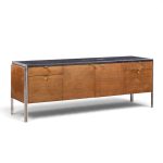 stow & davis mid century walnut, leather and chrome credenza