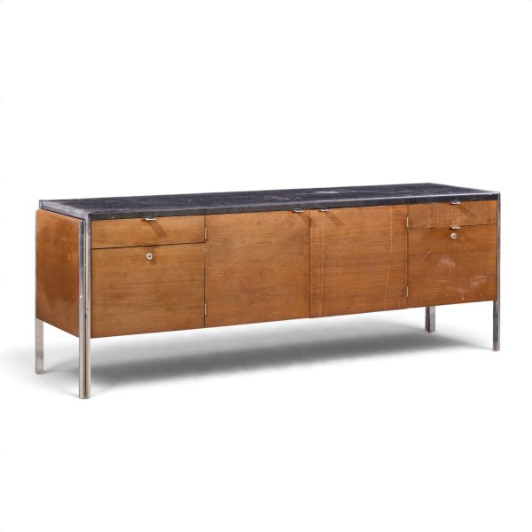 stow & davis mid century walnut, leather and chrome credenza