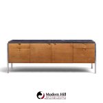 stow & davis mid century walnut, leather and chrome credenza