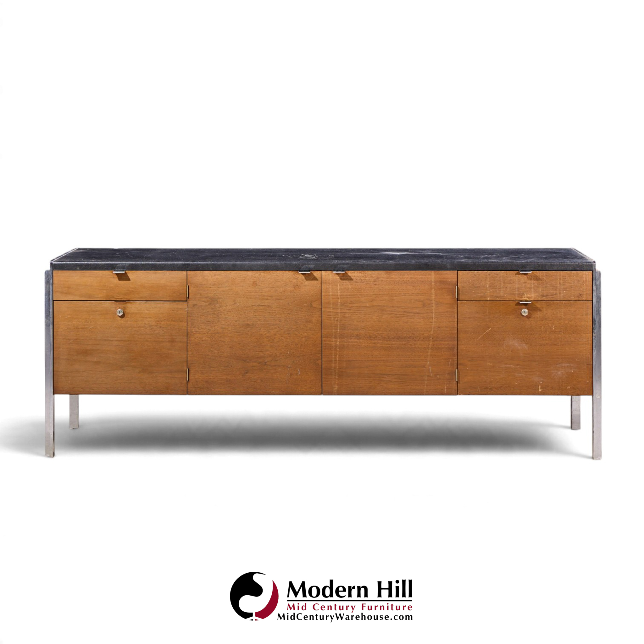 stow & davis mid century walnut, leather and chrome credenza
