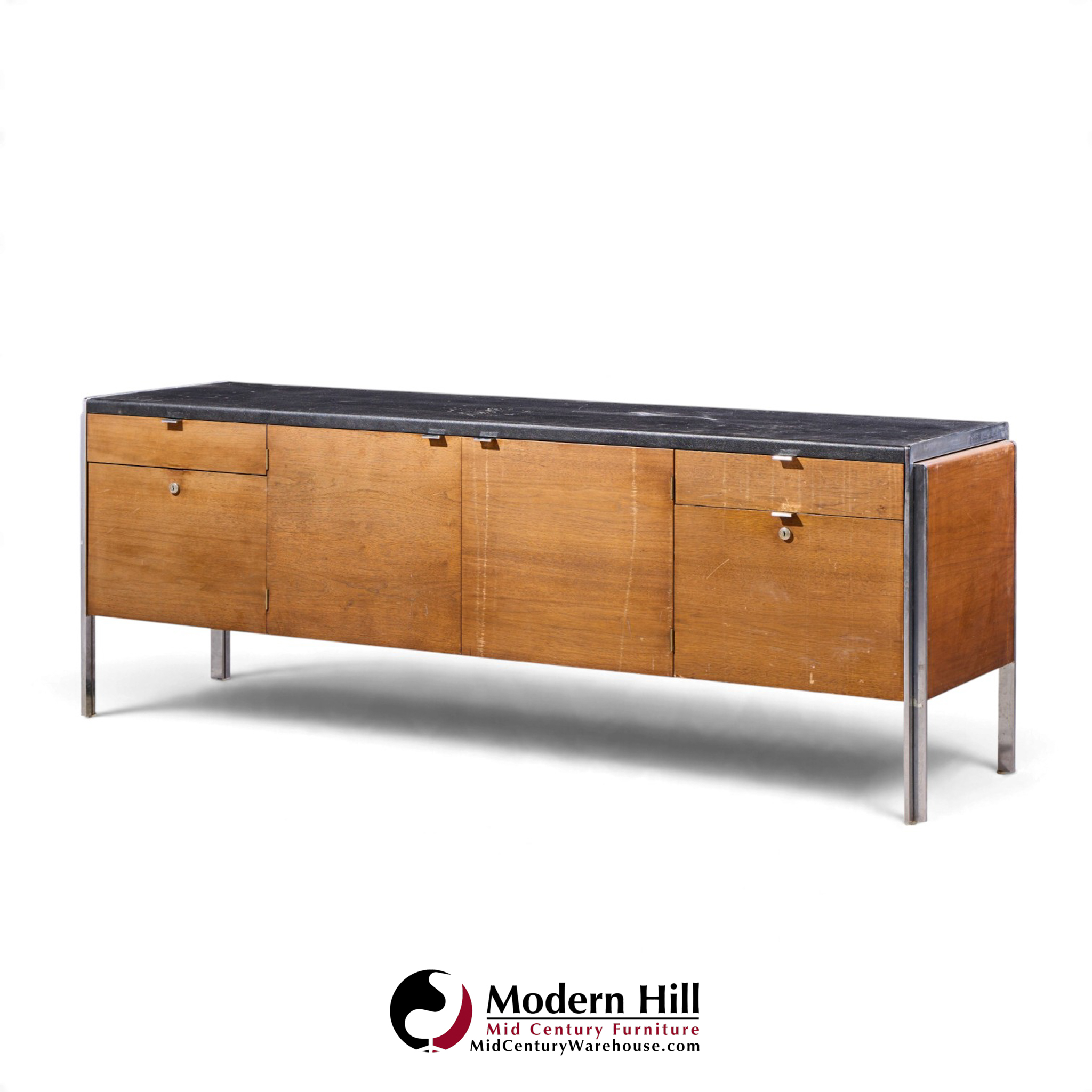 stow & davis mid century walnut, leather and chrome credenza