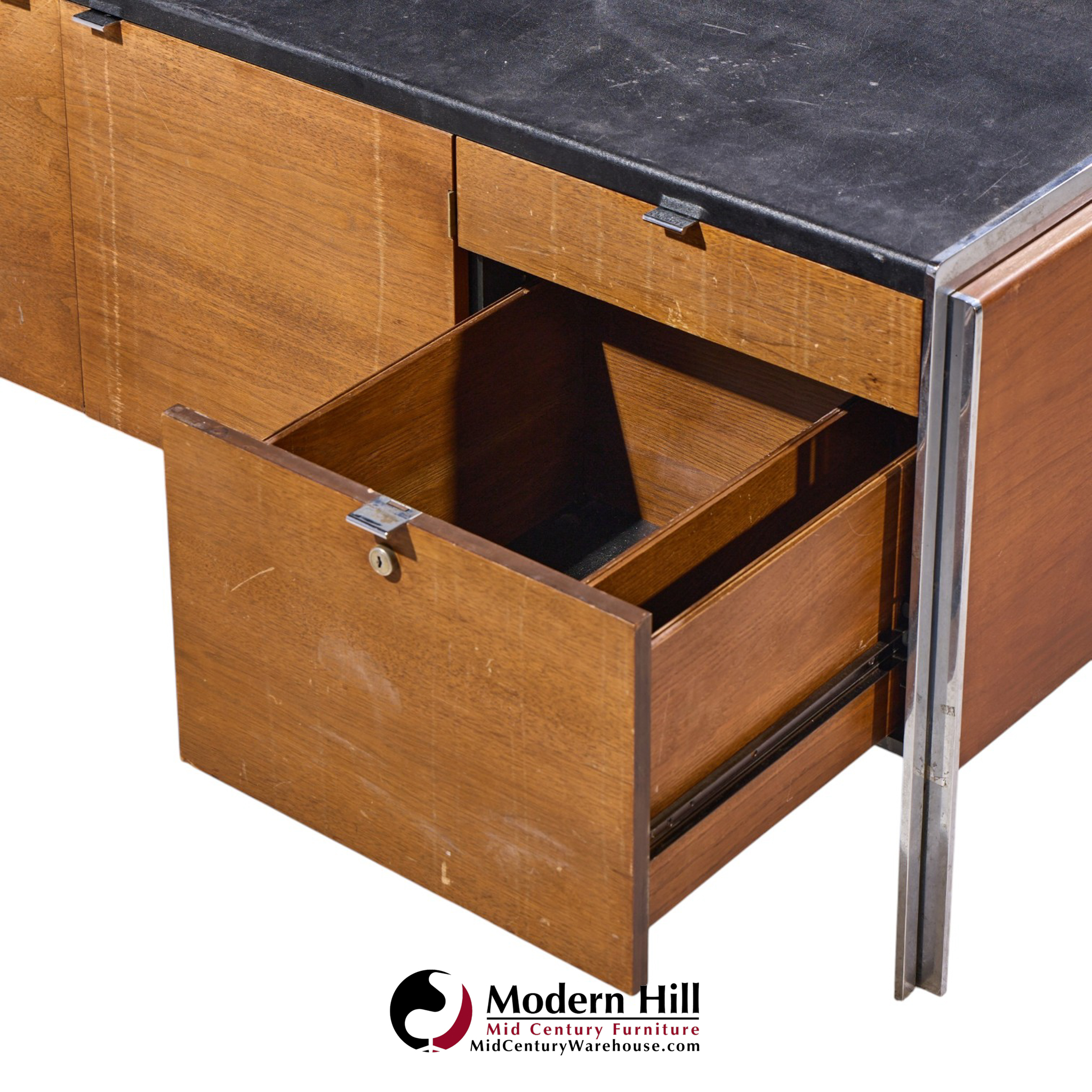 stow & davis mid century walnut, leather and chrome credenza
