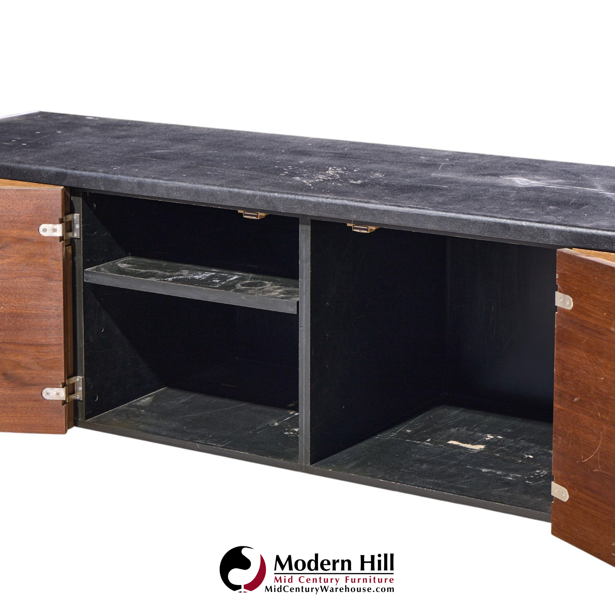 stow & davis mid century walnut, leather and chrome credenza