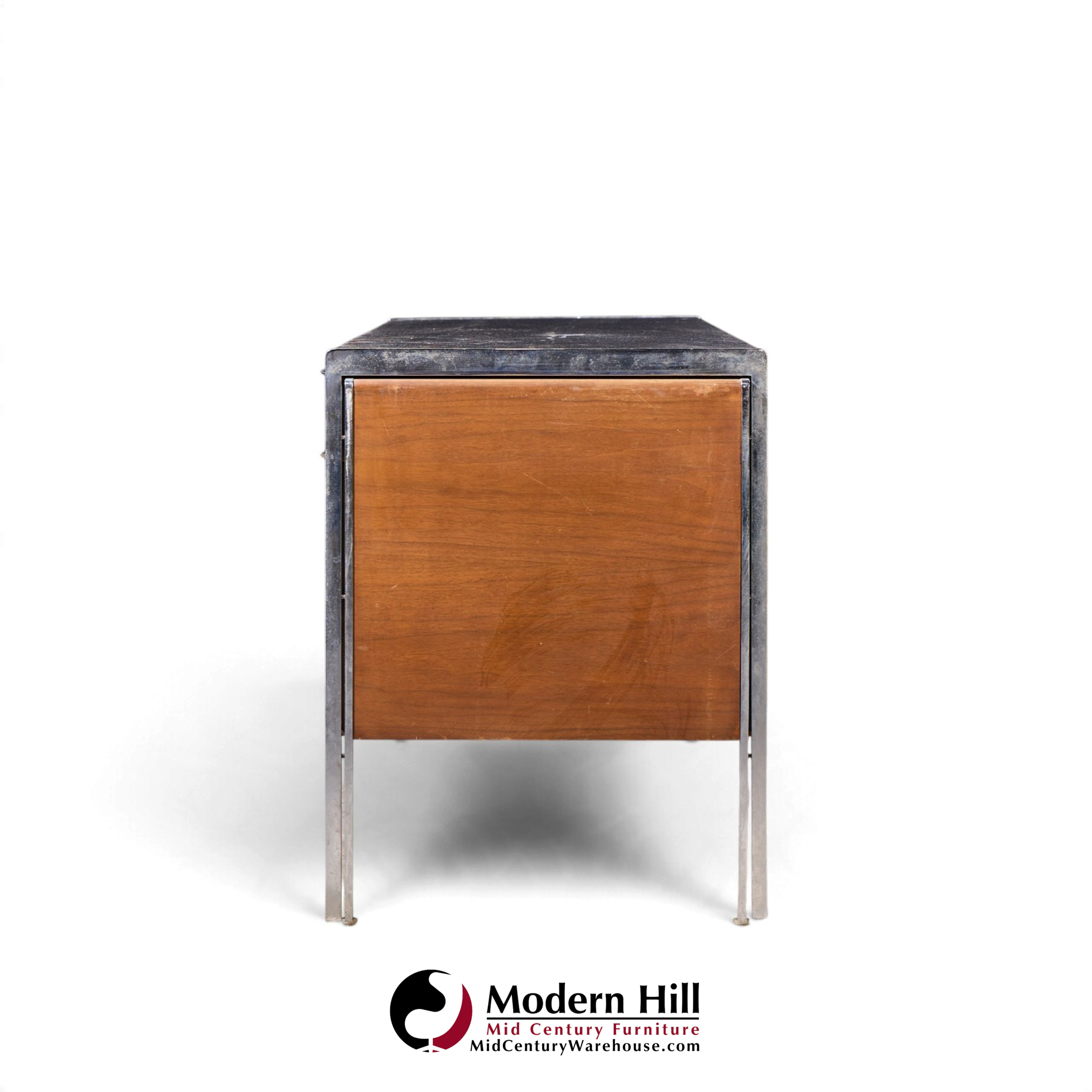 stow & davis mid century walnut, leather and chrome credenza