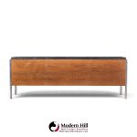 stow & davis mid century walnut, leather and chrome credenza
