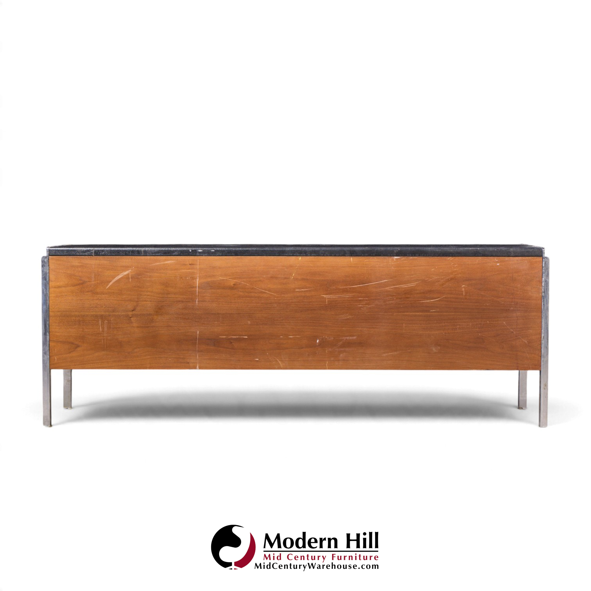 stow & davis mid century walnut, leather and chrome credenza