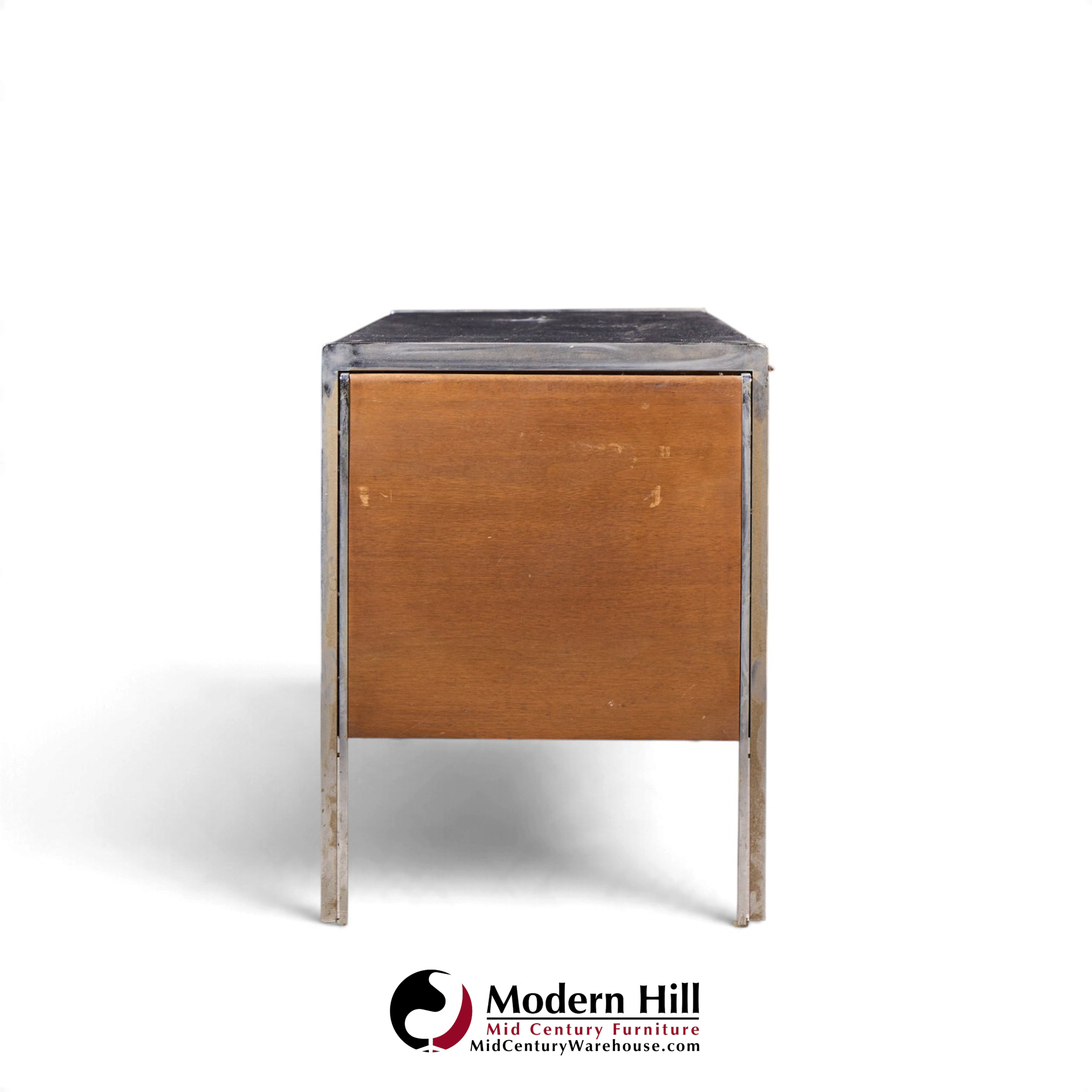 stow & davis mid century walnut, leather and chrome credenza