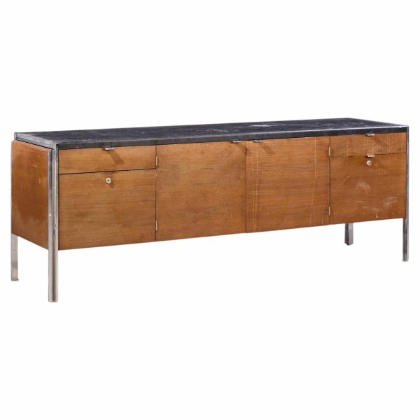 stow & davis mid century walnut, leather and chrome credenza